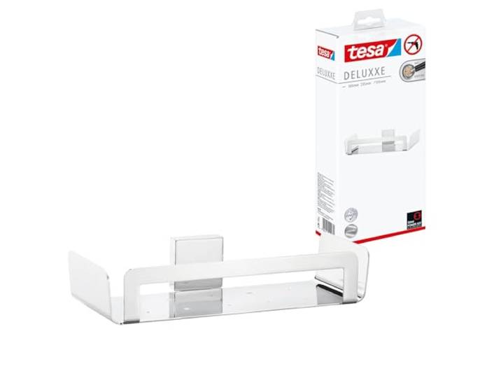 tesa® Deluxxe douchemandje, zelfklevend, verchroomd, modern design, 100% roestvrij, 116 mm x 268 mm x 52 mm