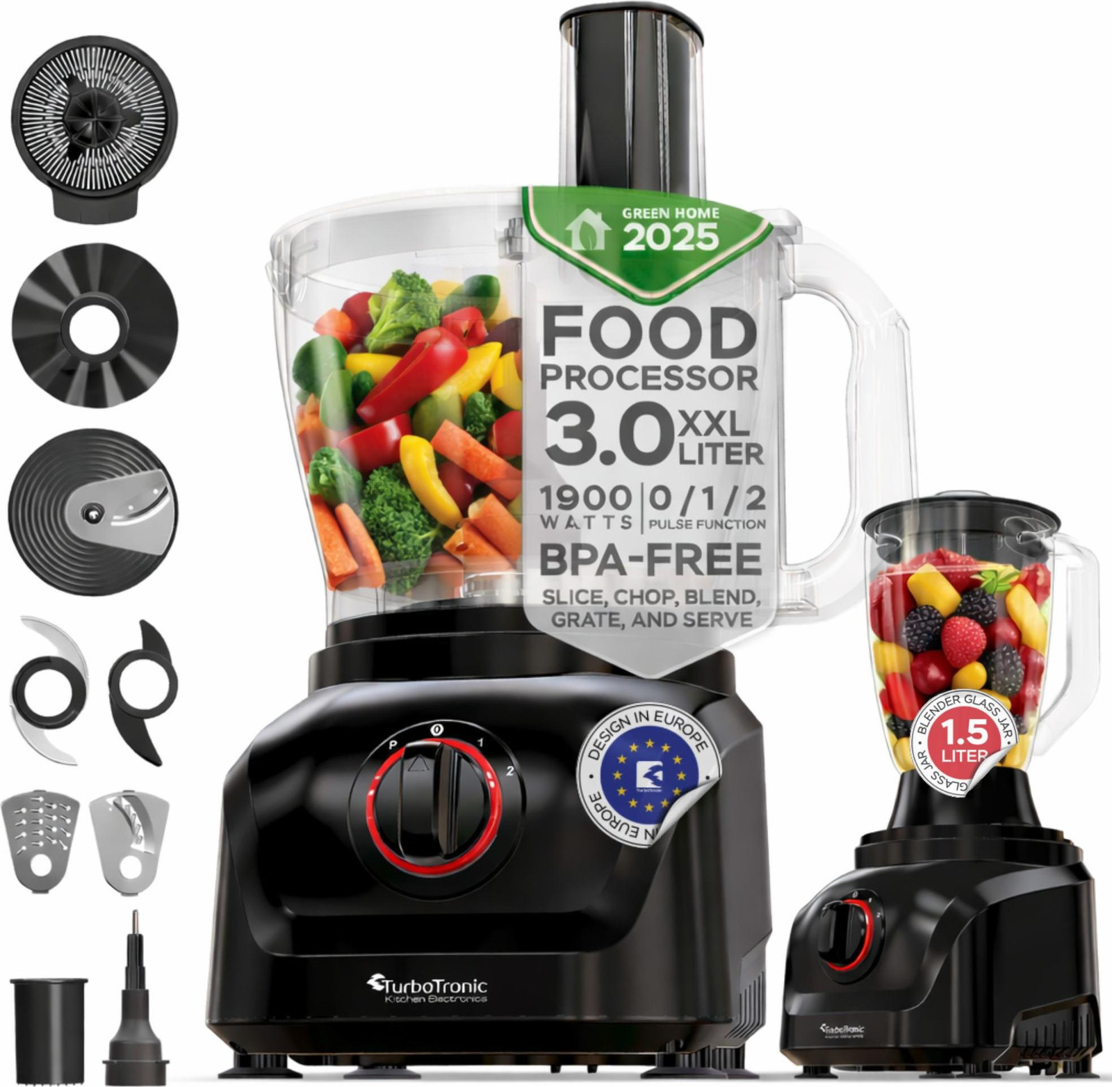 TurboTronic multifunctionele keukenmachine FP900 met 1900 W, 3 l kom, 1,5 l glazen blender, raspschijven, citruspers, hakmolen en ijscrusher