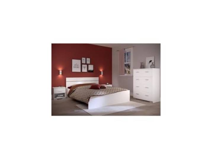 Komplettes Schlafzimmer BOSTON: 140x190 Bett für Erwachsene + Kommode + 1 Nachttisch - Weißes Dekor - Hergestellt in Frankreich
