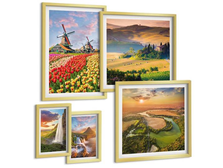 BILDER SET 5er Set - 50x50 cm & 20x30 cm & 40x60 cm Goldrahmen - Whisky, Wein, Champagner, Kaffee, Alkohol