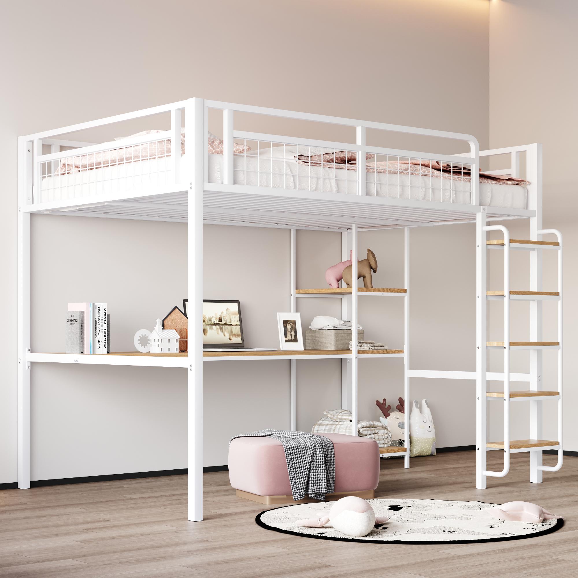 Metall-Hochbett 140*200 cm, Sicherheitsleiter mit Treppe, Kinderbett mit Tisch und Regal, Jugendbett Erwachsenenbett, Metallgitter-Sicherheitszaun, Weiß