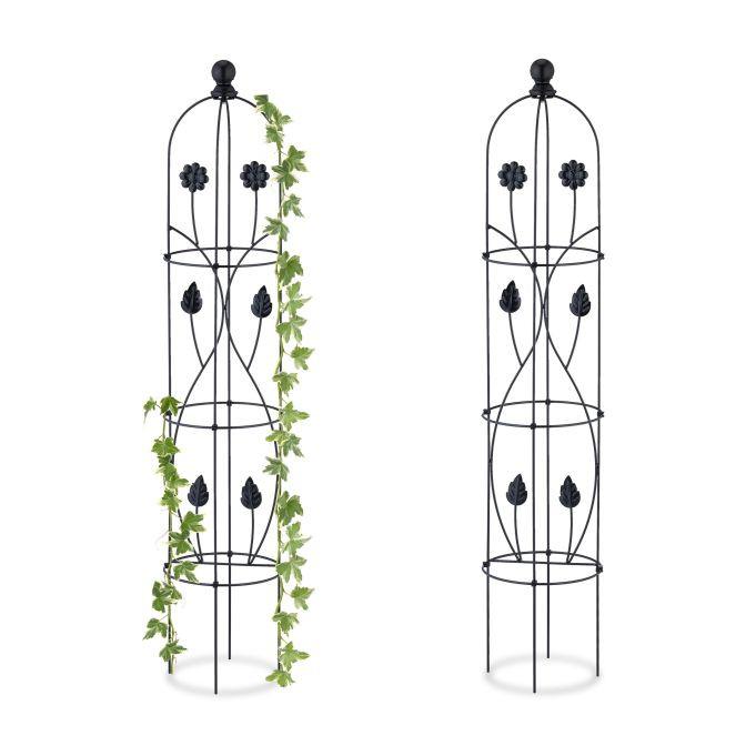 Relaxdays Plantensteun Obelisk Set van 2, Zwart Metaal, H 103 x Ø 20 cm