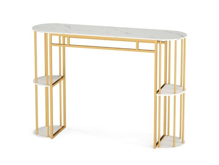 Table de Bar Haute GIANTEX 4 Étagères de Rangement Mange-debout Effet Marbre Table Haute de Cuisine Étroite 150x40x105 cm Blanc