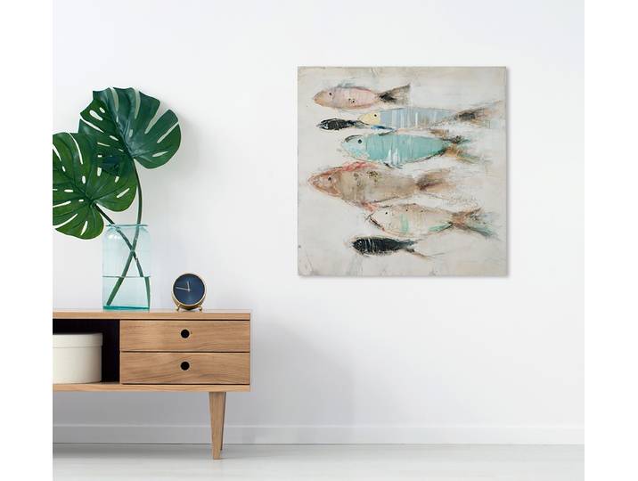 Leinwandbild Fischschwarm Typ A Mischgewebe Grün/Beige 85 x 80 x 3cm