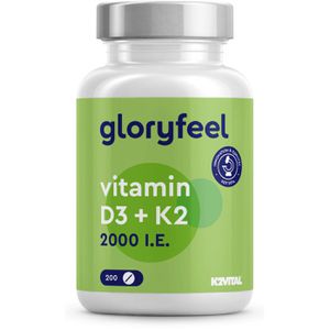 gloryfeel Vitamin-D 200 Tabletten, Vitamin D3 + K2 MK7, hochdosiert, je Tablette 2000 I.E.