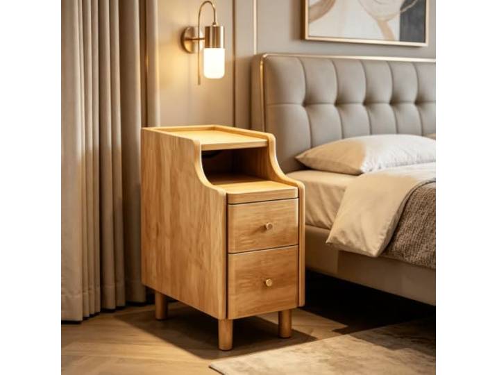 kumamart Schmaler Nachttisch Massivholz, Nachtschrank mit Schubladen Schmaler Nachtschrank mit Tablett-Ablage, abgerundeten Kanten und Massivholzbeinen.(Wood,11.81in)