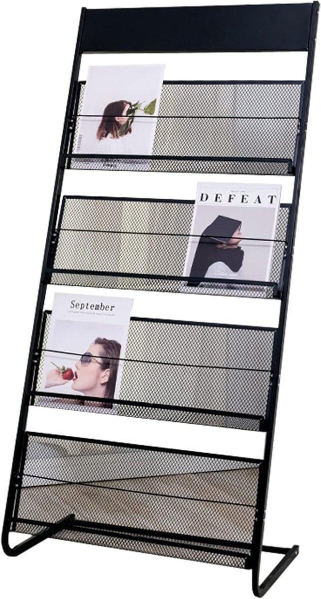 Zwarte ladder-stijl tijdschriftenhouder en brochurehouder met afmetingen B: 63 cm, D: 38 cm, H: 137 cm