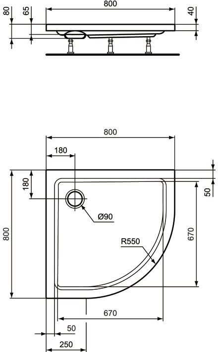 Ideal Standard Neu Viertelkreis-Duschwanne 80 x 80 cm