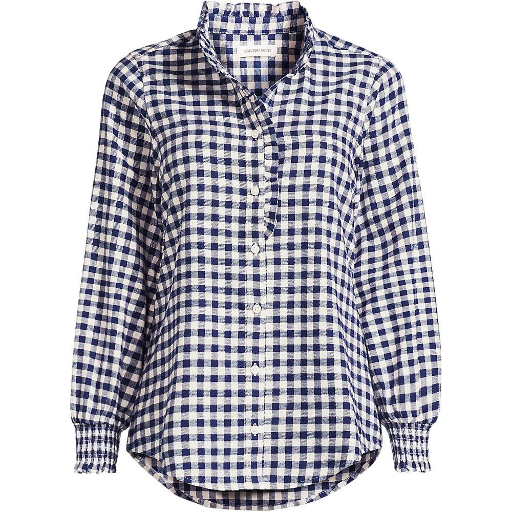 Flanellbluse mit Rüschenkragen, Damen, size: regular, Blau, Baumwolle, by Lands' End