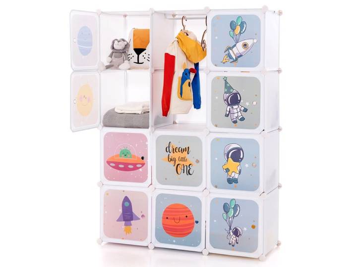 GOPLUS Armoire Penderie Modulable Enfants 12 Cubes 35x35x35CM avec Barre de Suspension Motifs d'Espace Mignons Blanc