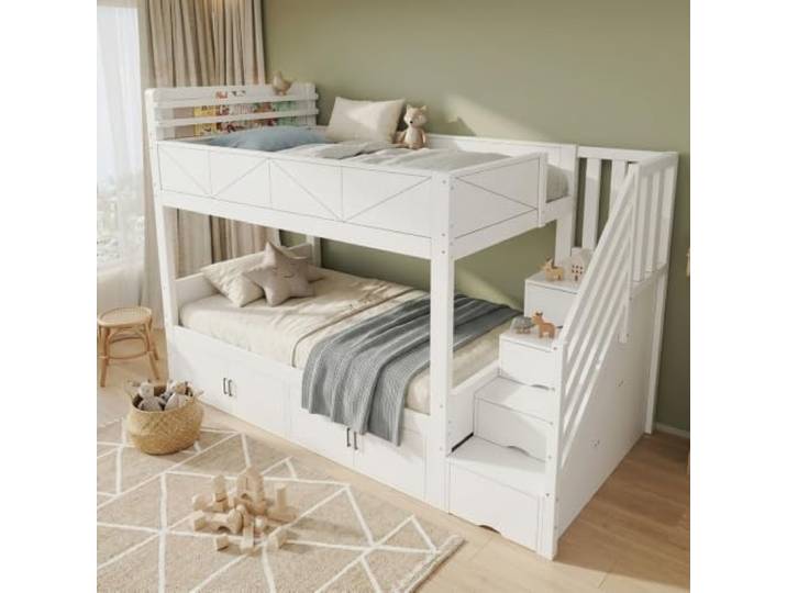 I0I&I0I Etagenbett 90x200 cm Weiß Stauraumtreppe Schrankfächer Unter Dem Bett Erhöhte Absturzsicherung Bücherablage Modernes Paneel-Design