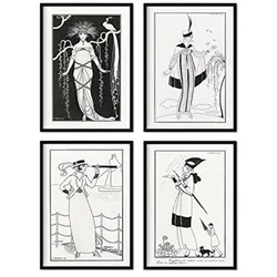 POSTER Set mit 4 SchwarzweissWeinleseblättern vom Künstler George Barbier A4 Schwarzer Rahmen