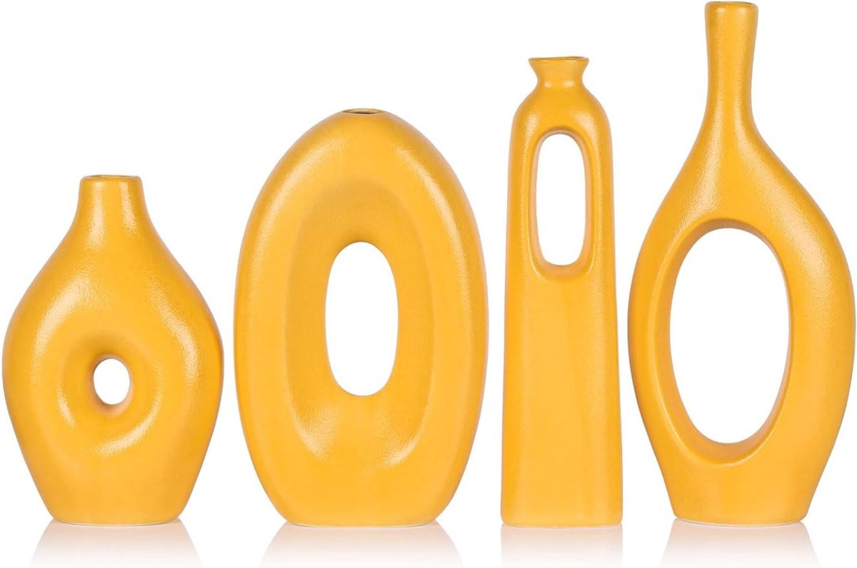 Set van 4 gele keramische vazen in boho ronde vorm voor pampasgras en decoratie