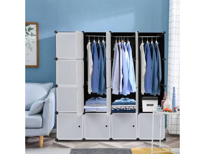 Armoire de Chambre Rangement DIY 16 cuboïdes Penderie avec Portes 2 Tige Suspendue 140 x 45 x 140cm