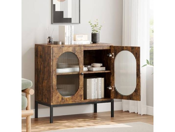 LuxFocus Boho Sideboard Rattan-Türen Changhong-Glas Mid-Century Kommode mit verstellbarem Fach für Flur, Wohnzimmer und Küche mit stilvoller Aufbewahrung