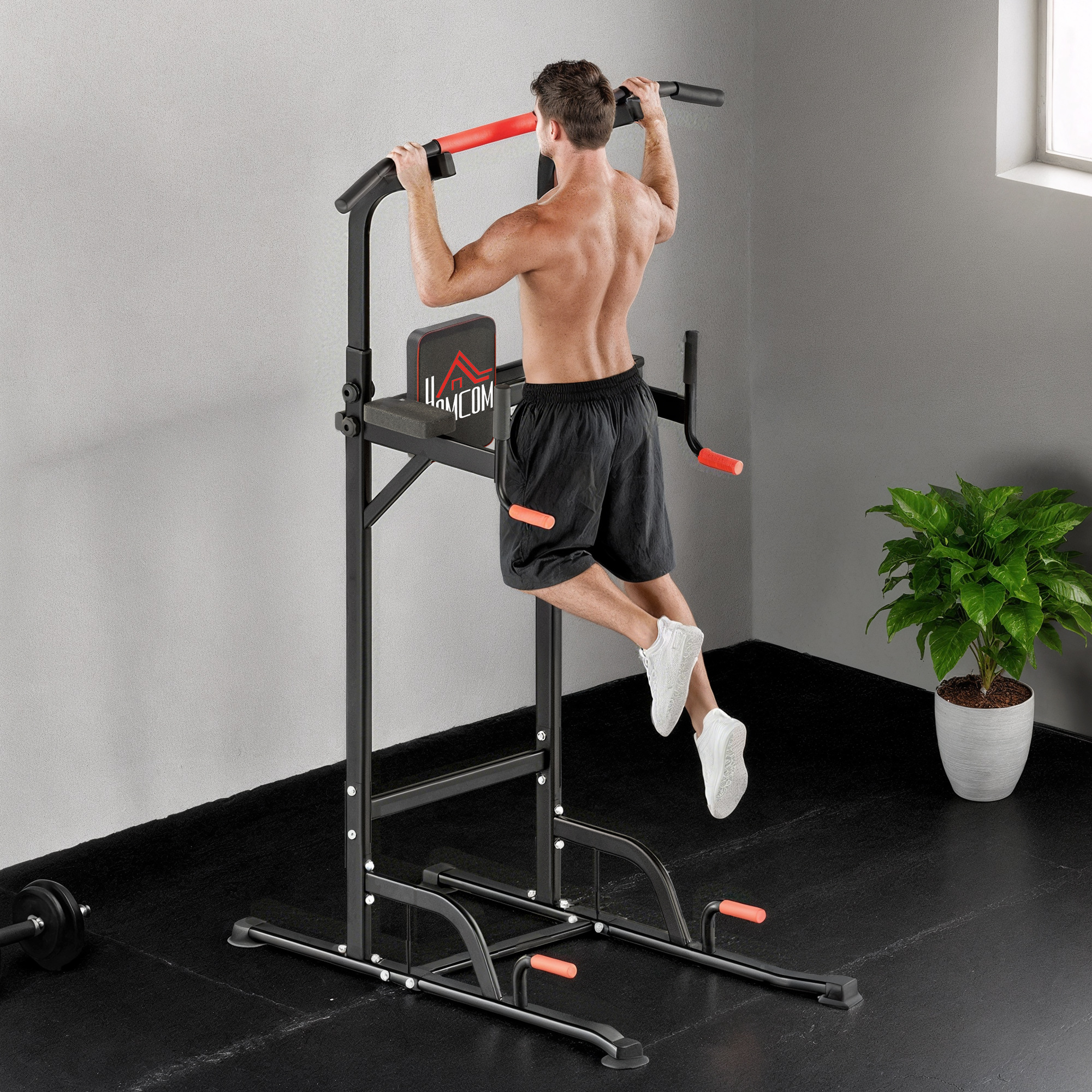 Homcom Barra per Trazioni Power Tower Stazione Fitness Multifunzione Regolabile 189-239cm in Acciaio Nero Rosso Aosom