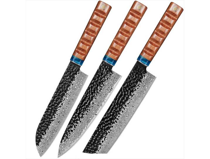 UniqueFire Messer-Set 3-teiliges Küchenmesser-set VG10 Damaszener Stahl Holzgriff (3-tlg)