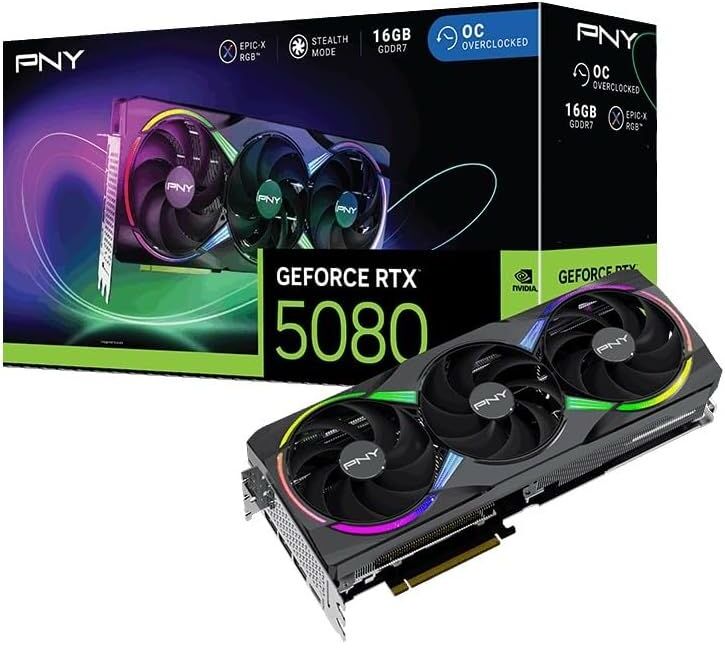 PNY GeForce RTX 5080 ARGB Overclocked Triple Fan 16GB GDDR7 Reflex 2 RTX AI DLSS4, New