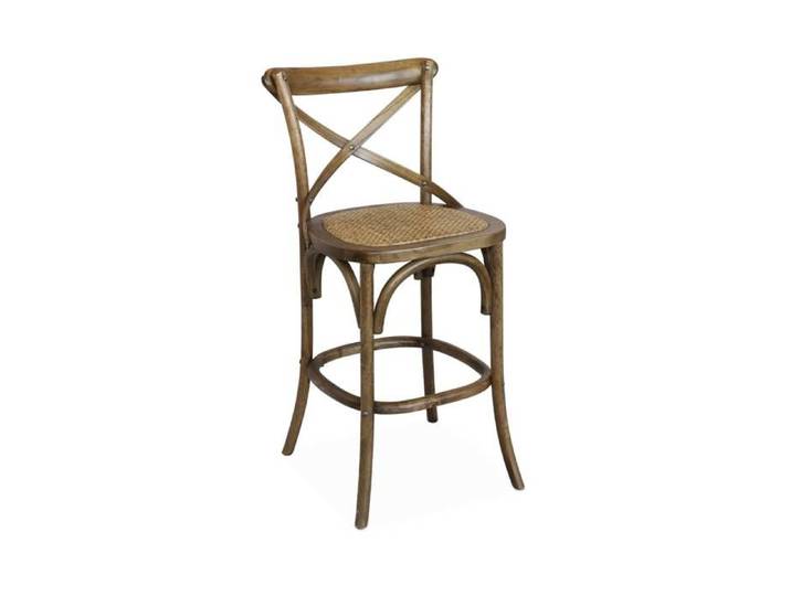 Tabouret de bar bistrot vintage en bois marron vieilli avec repose-pieds