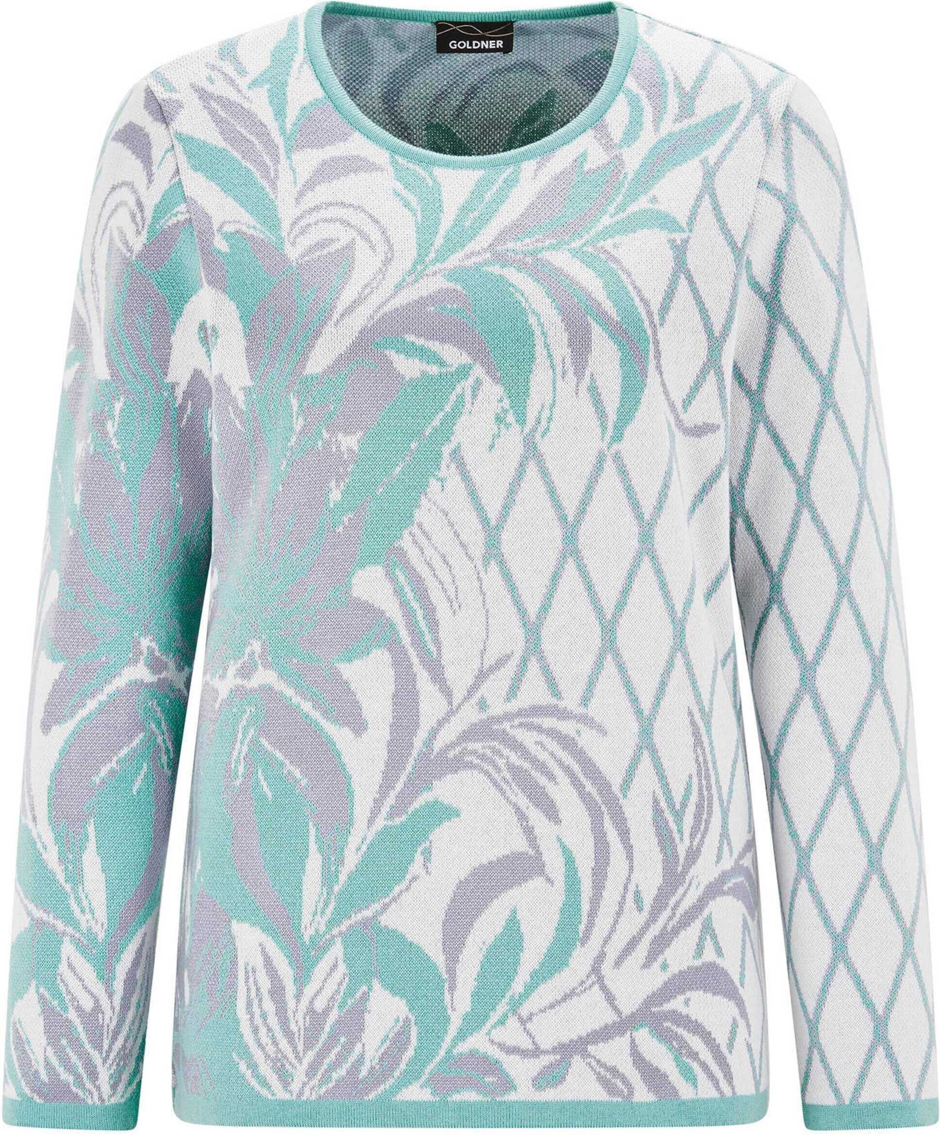 Rundhalspullover GOLDNER "Jacquardpullover mit Rundhals", Damen, Gr. 38, grün (graugrün, gemustert), Obermaterial: 50% Baumwolle CO. 50% Polyacryl PAN., Gerade, Pullover Rundhalspullover, schicker Jaquardstrick