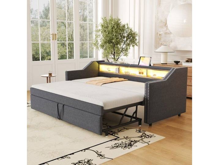 Lit gigogne 2 places 90/180x190cm Lit capitonn adulte Canap-lit en lin avec lumires LED rangement et lattes - gris fonc