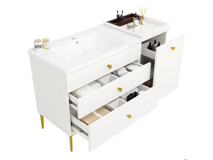 Meuble sous vasque 120 cm blanc et doré avec vasque en céramique