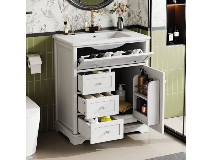 Bladez - Meuble salle de bain avec lavabo Meuble-lavabo intégré avec vasque et 3 tiroir rangement avec porte Blanc 76x46x87 cm