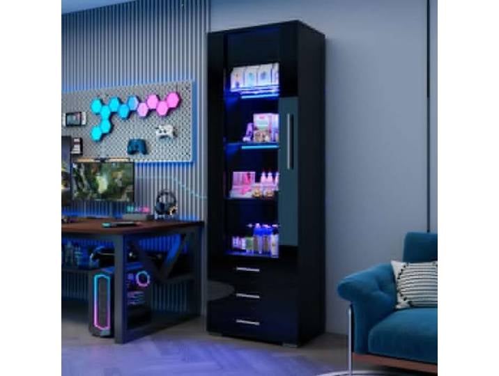 Vitrine verticale noir brillante 60x35x180cm verre LED 3 tiroirs sur pied