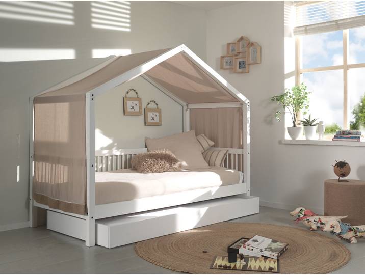 Massives Hausbett mit Himmel 90 x 200cm Weiß 1 Bettkasten