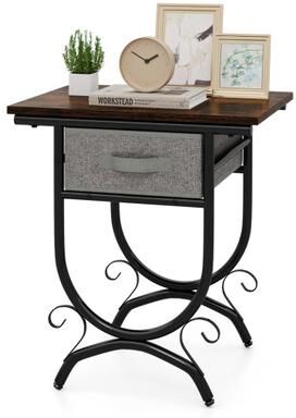 Costway Side Table with Fabric Drawer and Carved Metal Frame for Living Room