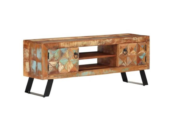 Kaorsrow Retro TV-Schrank 112x30x45 cm Altholz Massiv Lowboard Einzigartiges Unikat aus buntem Recycling-Holz mit robustem Eisengestell für Ordnung im Wohnzimmer.
