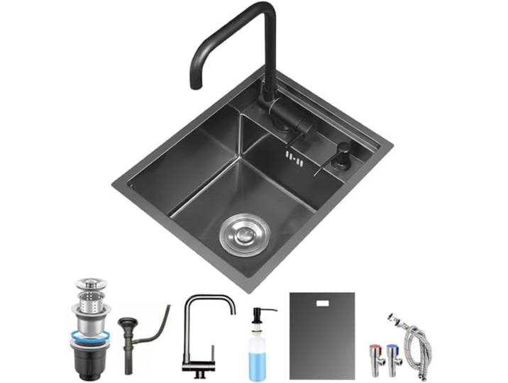 YINXSLO Camping Spülbecken Edelstahl Spüle mit Armatur Set und Abdeckung Spülbecken Schwarz Versteckte Spüle Klein Multifunktionale Bar/Wohnmobil Spülbecken mit Ablaufgarnitur