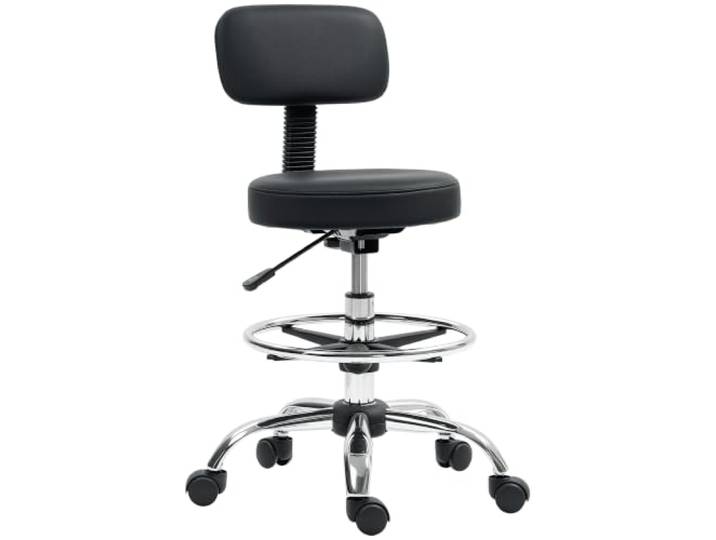 HOMCOM Zeichen-/Bürostuhl, Rückenlehne, verstellbare Fußstütze, Schwarz Höhenverstellbarer Hocker, gepolsterter Lederrollstuhl, für das Homeoffice