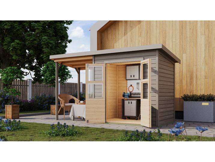 Gartenhaus KARIBU »Merseburg 3« vorvergraut mit Anbaudach , grau (vorvergraut), ohne Fußboden, ohne Rück- und Seitenwand, Holzwerkstoff, Gartenhäuser, Gartenhaus, aus Fichtenholz, farbig lasiert