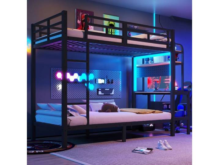 Lit superposé - WESTYLE - Lit Ado Bureau - 90x200 cm - Métal noir - Bureau intégré LED pilotable