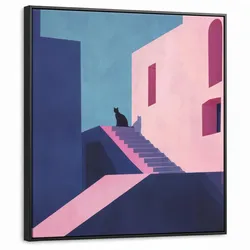 LEINWAND Bilder mit Rahmen - Katze - Treppe - Gebäude - Schattenkontraste - 90x90