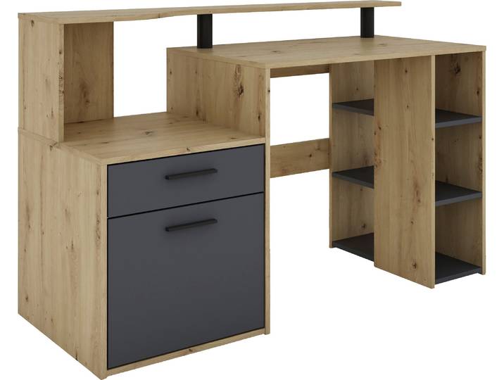 Schreibtisch GOODPRODUCT Luton , braun (artisan eiche, artisan eiche, artisan eiche), B:140cm H:89cm T:55cm, Tische, Schreibtisch, Breite 140 cm, Regal-Schreibtisch mit viel Stauraum