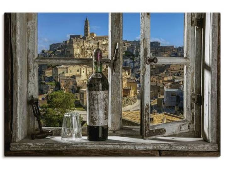 ARTLAND Wanddeko Leinwand Bilder Wandbild 90x60 cm Fensterblick Stadt Italien Wein Fenster Ausblick Mediterran U1XJ