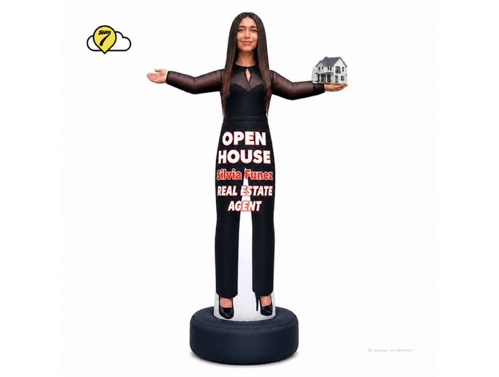 Figurine publicitaire gonflable personnalisée pour agent immobilier avec base, mascotte féminine sur mesure pour la promotion
