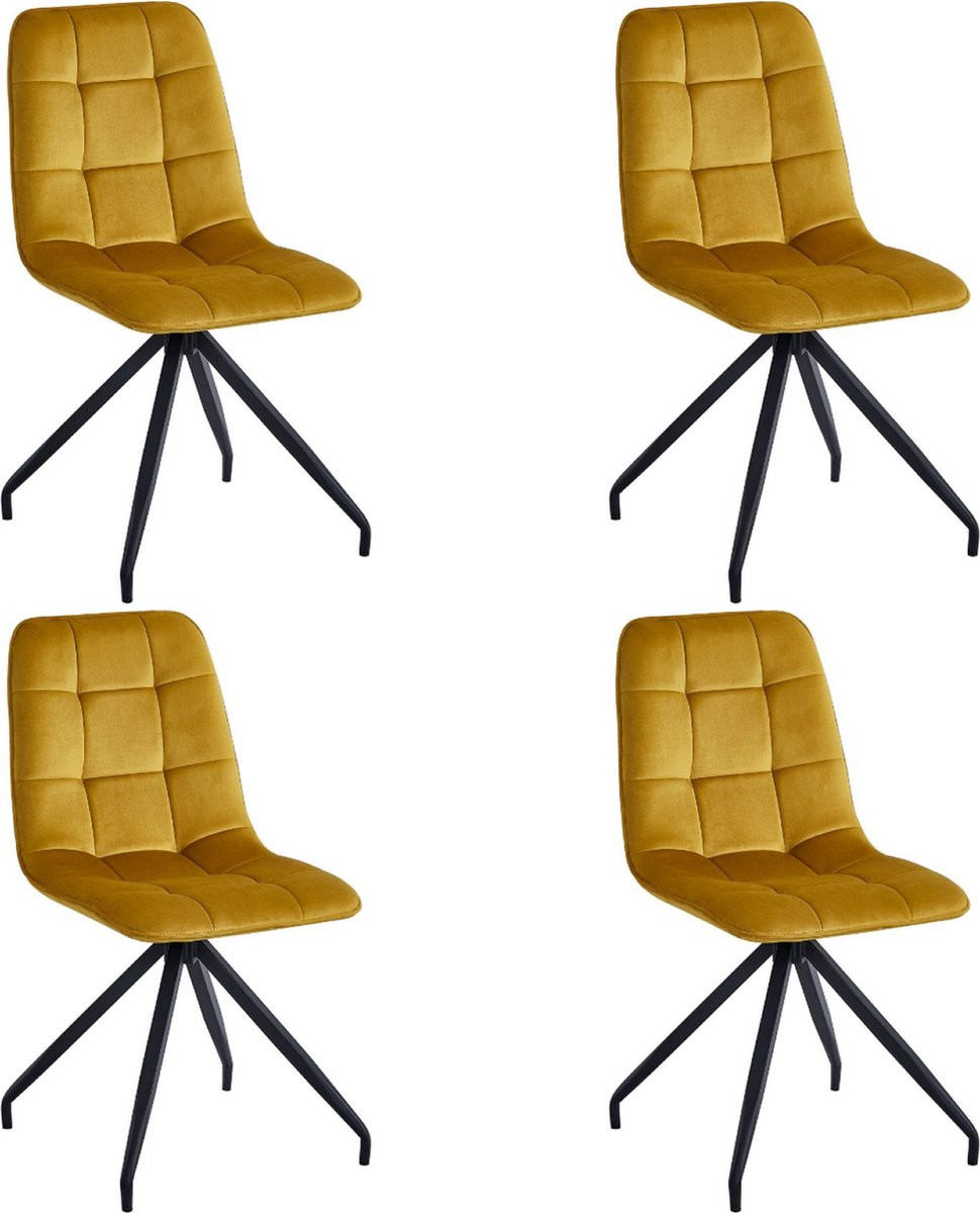 Colenis Farucci Eetkamerstoel Set van 4 - Okergeel - Velvet - Moderne Eetkamerstoel met Spinpoot
