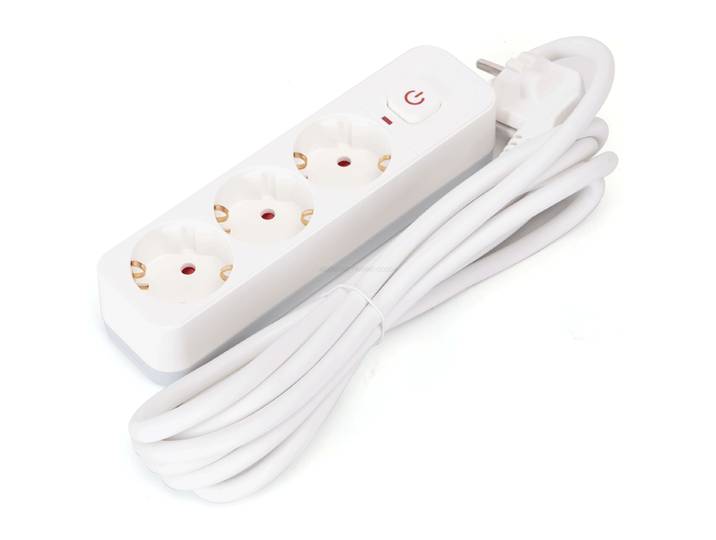 Multiprise avec câble/3 prises allemandes/3G 1,5 mm²/5 m/Avec interrupteur carré/Rectangulaire/Blanc et gris/PP/Lignes