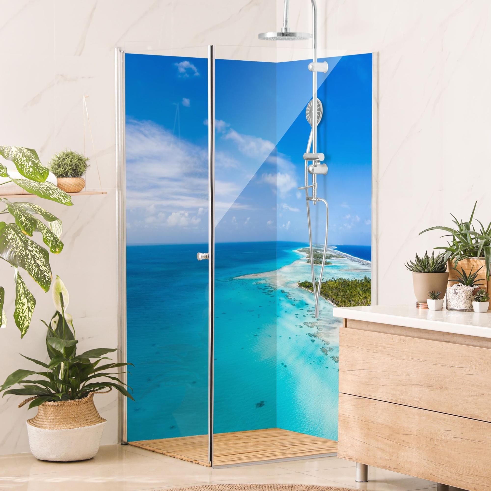 Duschrückwand Strand selbstklebend - 0.61 mm Wandpaneel wasserfest Küste türkis Motiv Badrückwand fugenlos Premium matt 100x200 cm