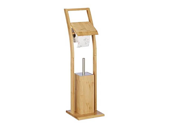 Relaxdays Ensemble WC\, Bambou\, Acier Inoxydable\, Brosse WC et dérouleur Papier\, Autonome\, HLP 74 x 20 x 20 cm\, Nature