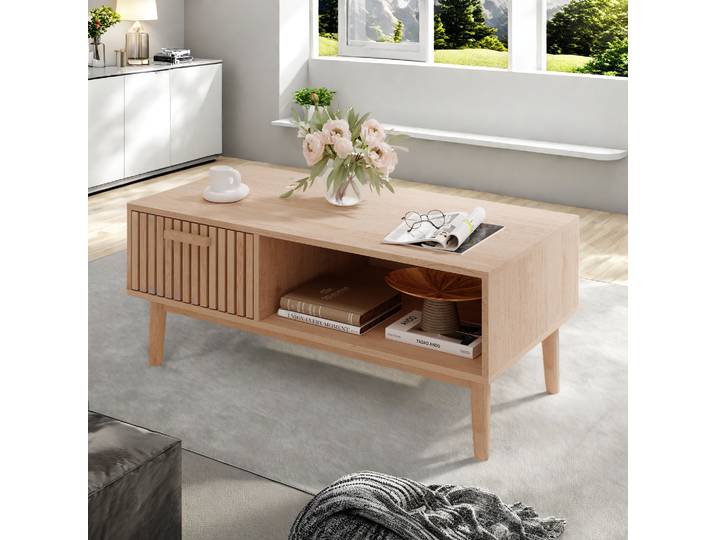 Table de canapé rectangulaire en rotin Comanlai avec tiroir et compartiment ouvert, table de salon pour canapé, style bohème rétro, table TV