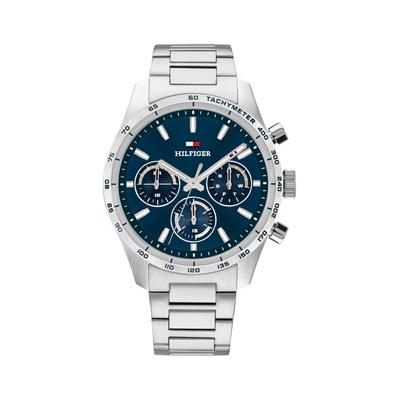 Multifunktionsuhr TOMMY HILFIGER "HAMPTON", silber (silberfarben, blau, silberfarben, blau), Armbanduhren, Herren, silberfarben, Quarzuhr, Armbanduhr, Herrenuhr, Edelstahlarmband, analog