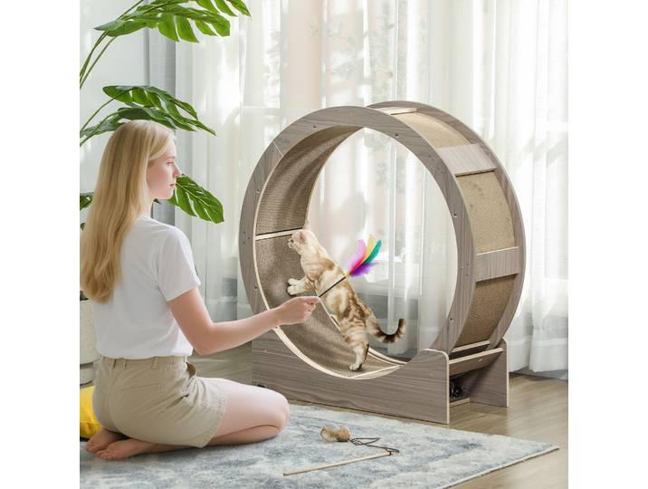 PawHut Roue d'Exercice Chat 91cm Noyer avec Frein et Grattoir