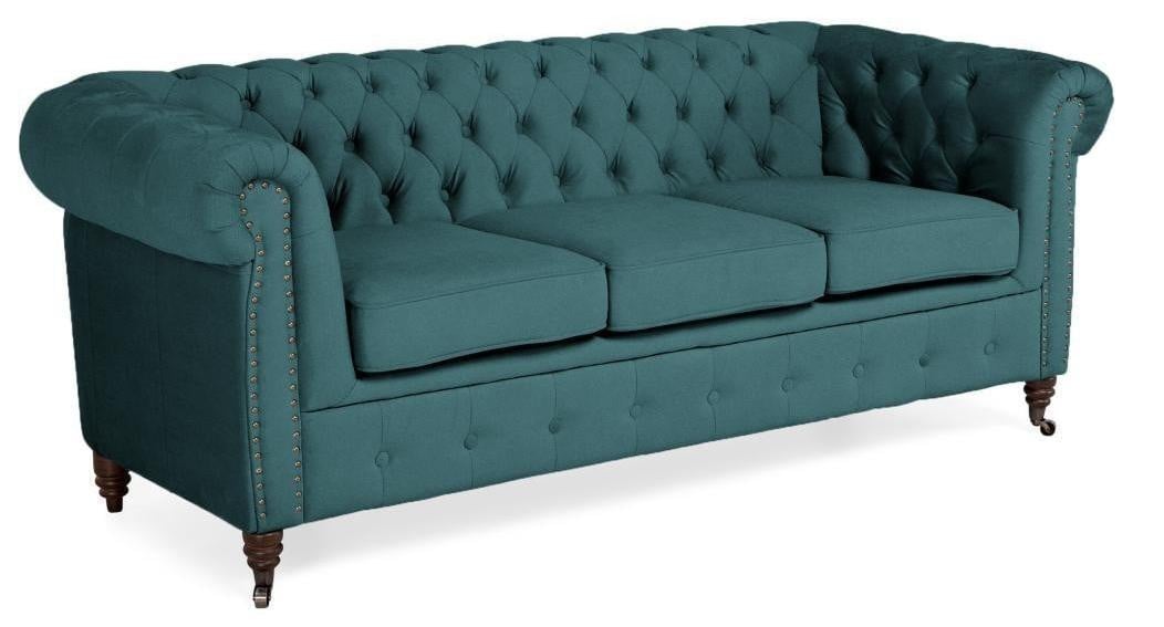 Klassieke Chesterfield driezitsbank in groene textiel met edel design