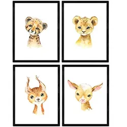 POSTER Set mit 4 Leon Leopard Kuh Hirsch A3 Schwarzer Rahmen