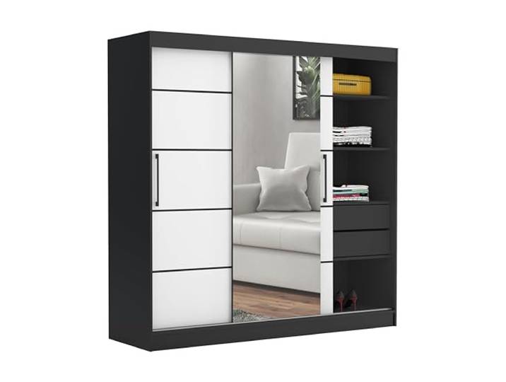 Brent - Kleiderschrank mit Spiegel und Schubladen 200cm Breit Chelsea Tomy, Schwebetürenschrank mit Spiegel, Schlafzimmerschrank, Kleiderschrank Schwarz/Weiß