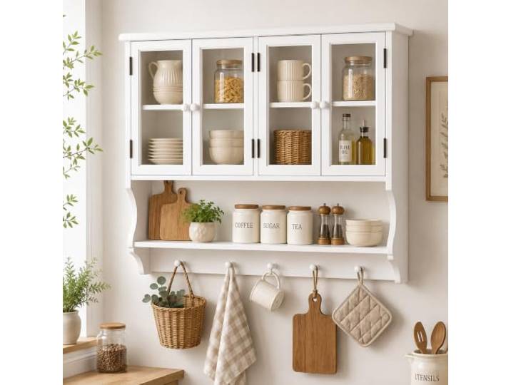 JSWHYBD Wandhängeschrank aus Holz, rustikaler Küchen- & Badezimmerschrank Vitrinenschrank mit Ablage und Haken für Coffee Bar, Bad, Flur, WC und kleine Räume(White)